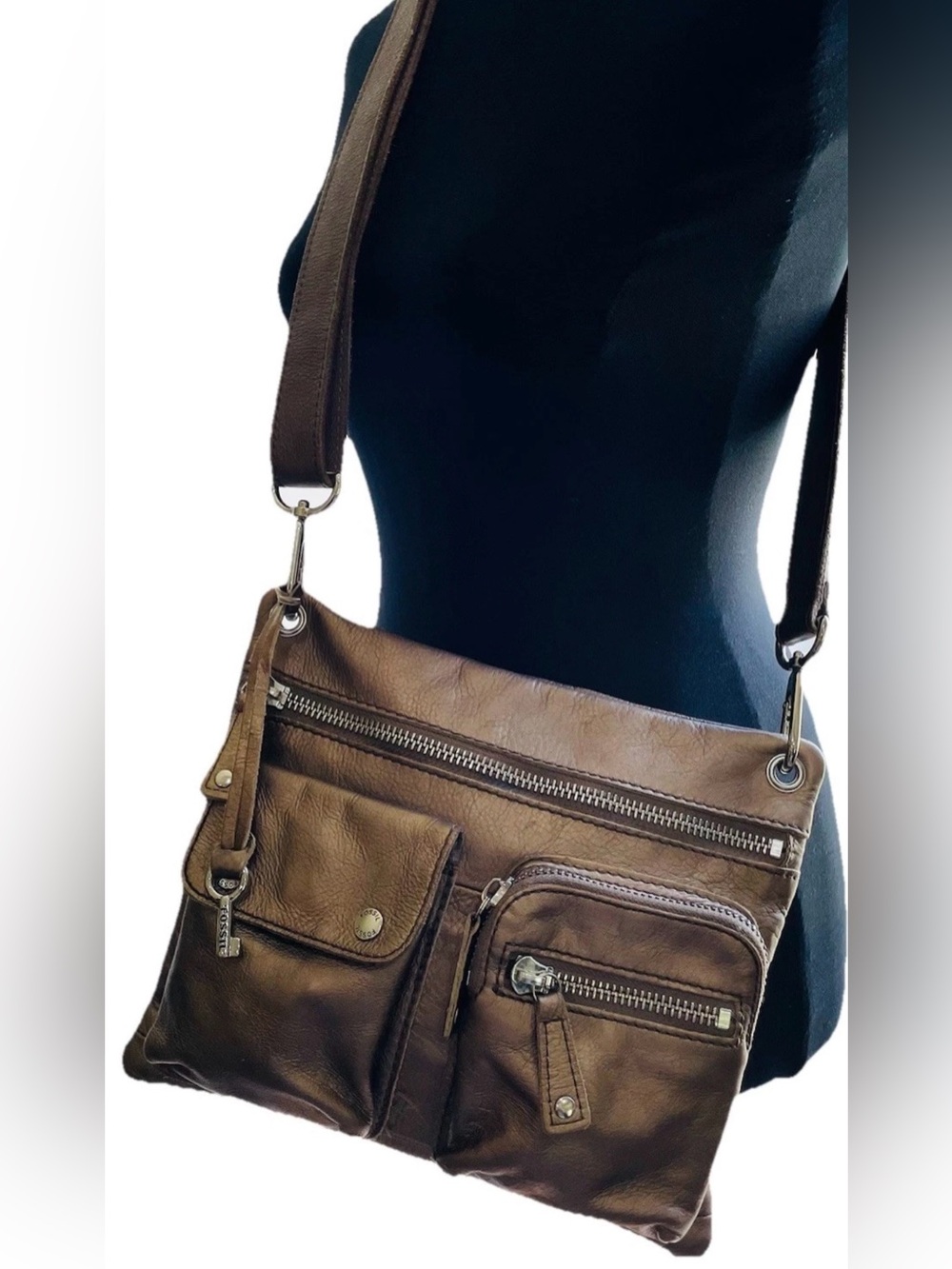 Fossil Sutter Brown Pebbled Leather Multi-Pocket Crossbody Bag Vintage Key Charm